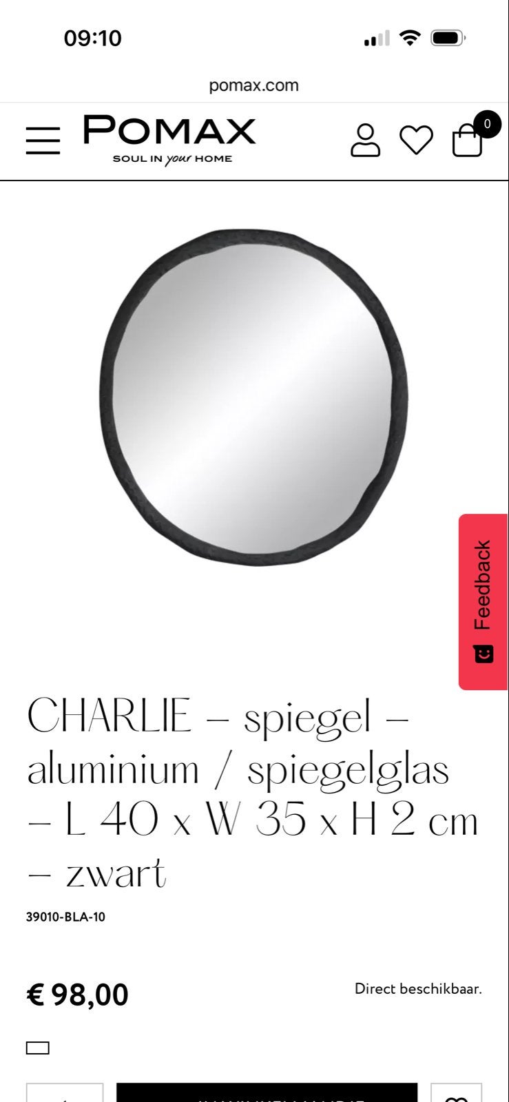 Nieuw: zwarte design spiegel van Pomax - ovaal / organisch, Ophalen, Minder dan 50 cm, Nieuw, Minder dan 100 cm