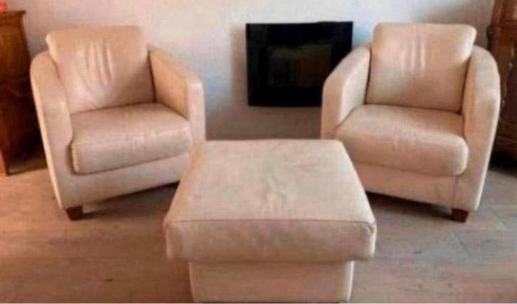 Woonkamer Crème wit Leder fauteuils set met hooker 60x60, Huis en Inrichting, Ophalen, Gebruikt, Leer