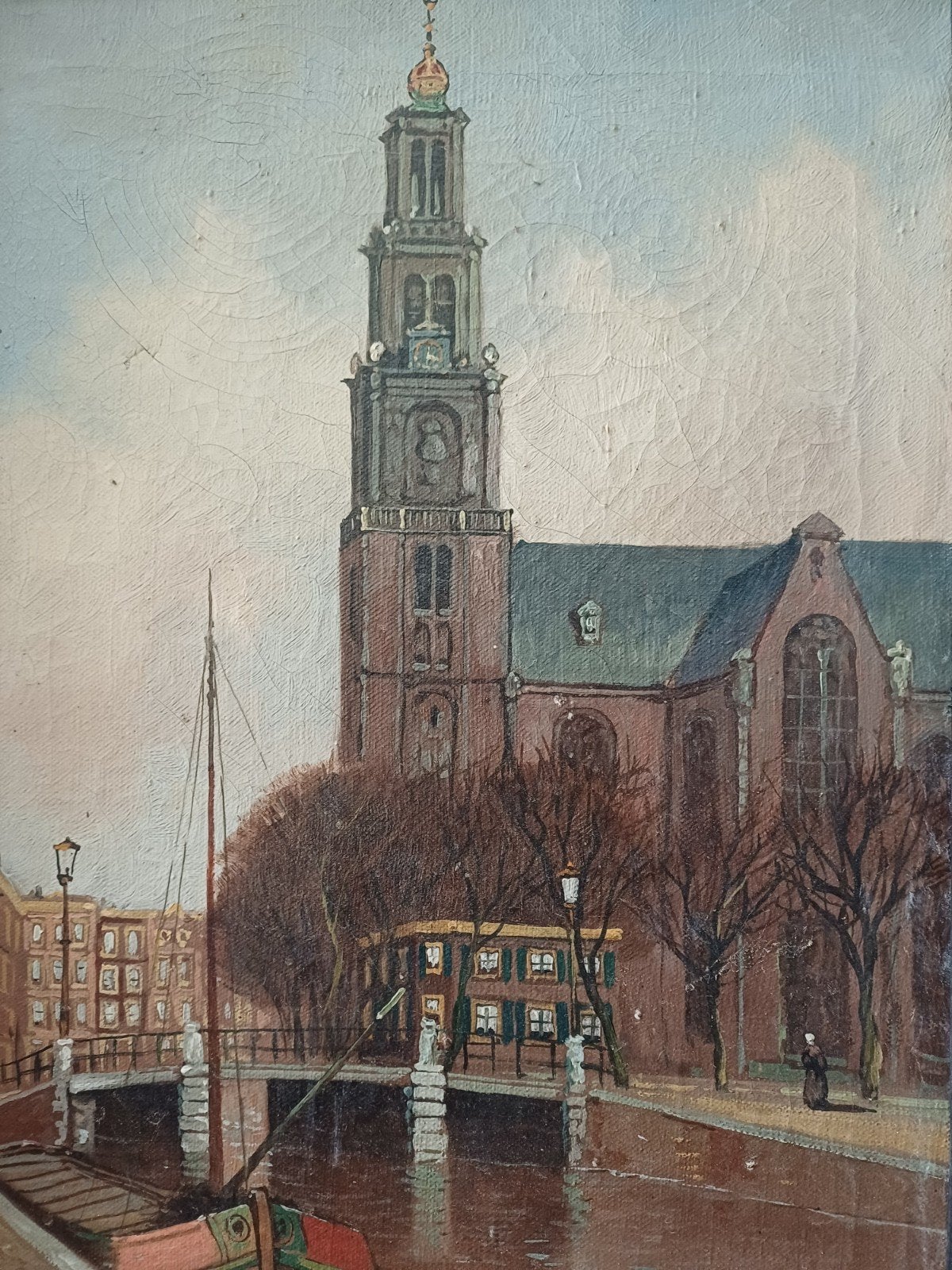 Henriëtte Hubregtse Amsterdamse gracht Westertoren, Doek, Realistisch, Ophalen of Verzenden, Olieverf