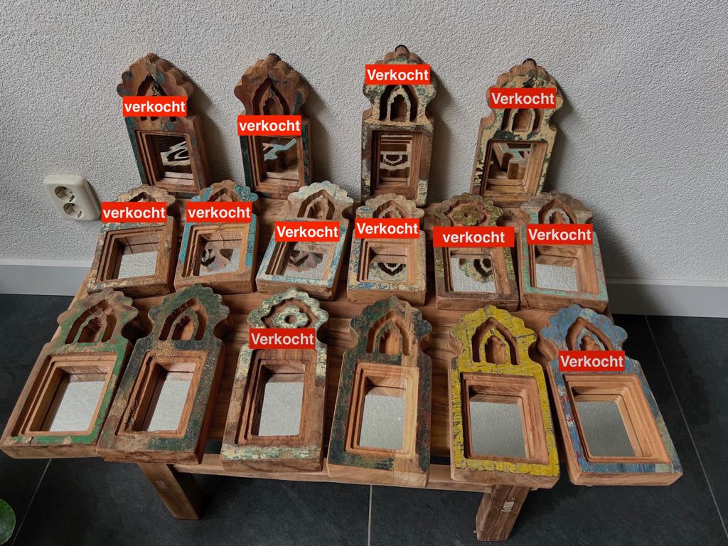 Indiase spiegel India houtsnijwerk spiegel handwerk, Nieuw, Ophalen of Verzenden, https://verburgtvintage.nl/#contact, Schipluidenlaan 20 5035KJ Tilburg
