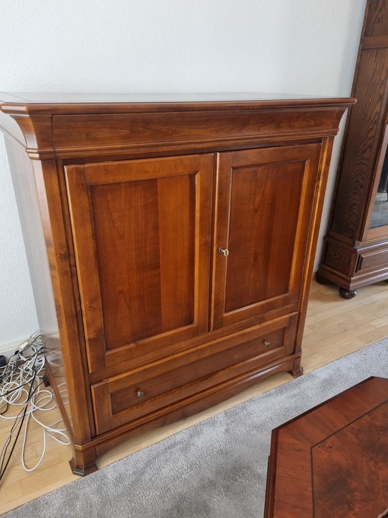 Massief houten tv-meubel / kast met lade, Ophalen, 100 tot 150 cm, 100 tot 150 cm, Zo goed als nieuw