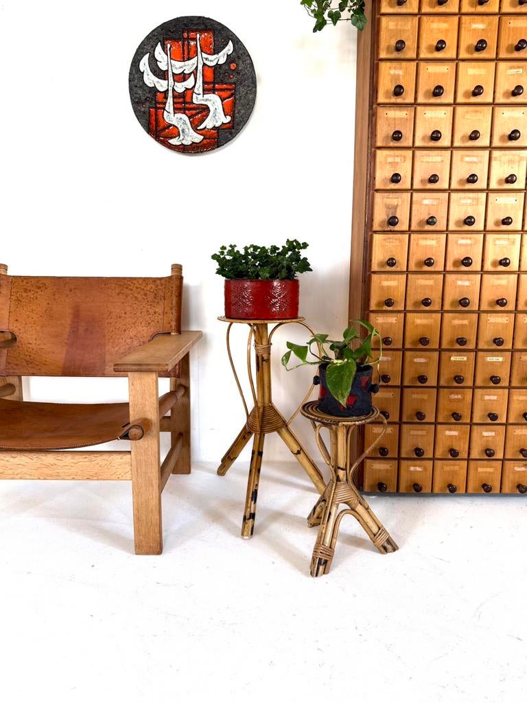 2x vintage rotan plantenstandaard, Rohé Noordwolde ‘60, Overige materialen, Minder dan 60 cm, Rond, Ophalen of Verzenden