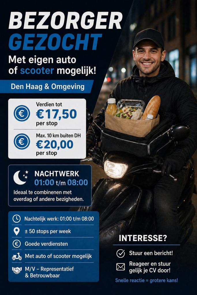 Bezorger Den Haag nacht eigen scooter/auto, Vacatures, Vacatures | Chauffeurs, Variabele uren, Overige niveaus, Starter, Overige vormen
