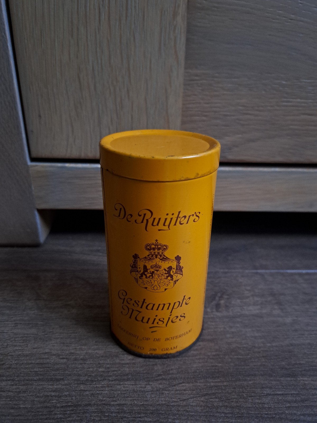 Vintage De Ruijter's Gestampte Muisjes blikje hoog 12 cm, Ophalen of Verzenden, Gebruikt, Overige