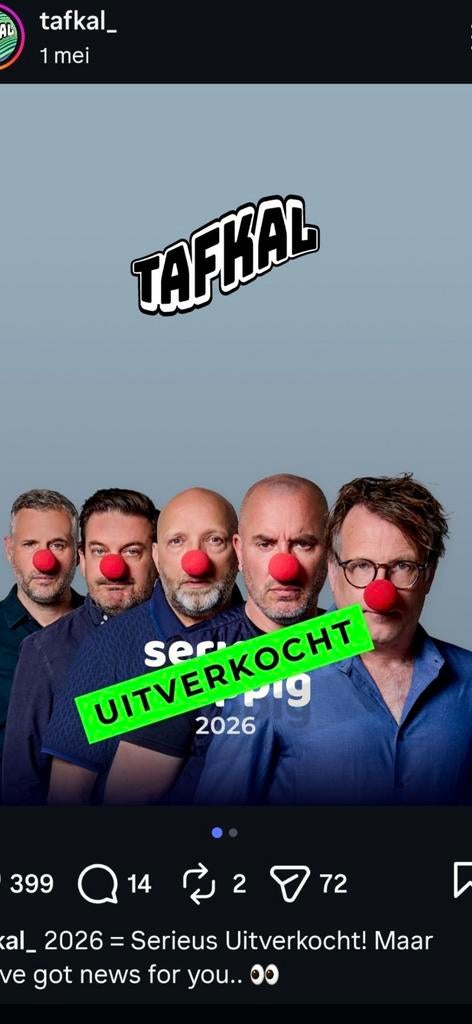 Gezocht kaarten voor tafkal 7 november 2026 Groningen, Tickets en Kaartjes, Theater | Cabaret en Komedie, Twee personen, November