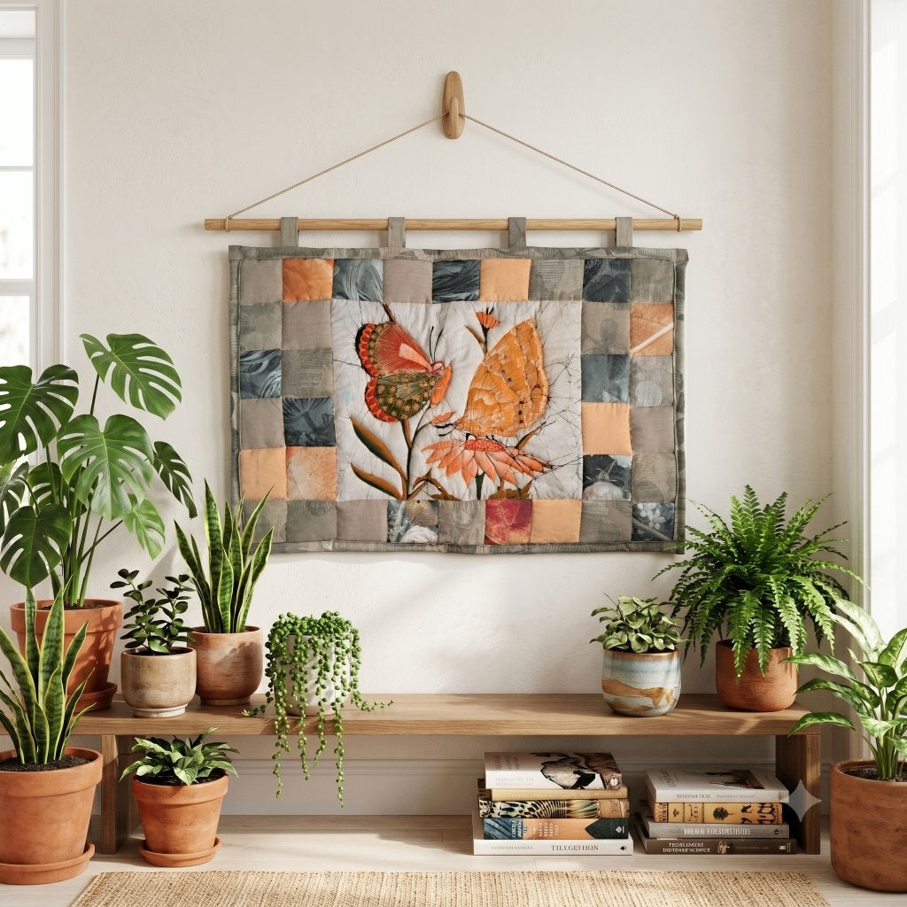 Patchwork wandkleed vlinders lichtgroen recycled 78x55 cm, Groen, -, 55 cm, Handgemaakt