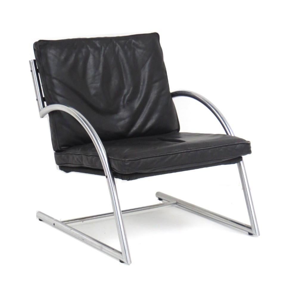Vintage fauteuil in zwart leer, design Gerard van den Berg, Ophalen of Verzenden, Gebruikt, Leer