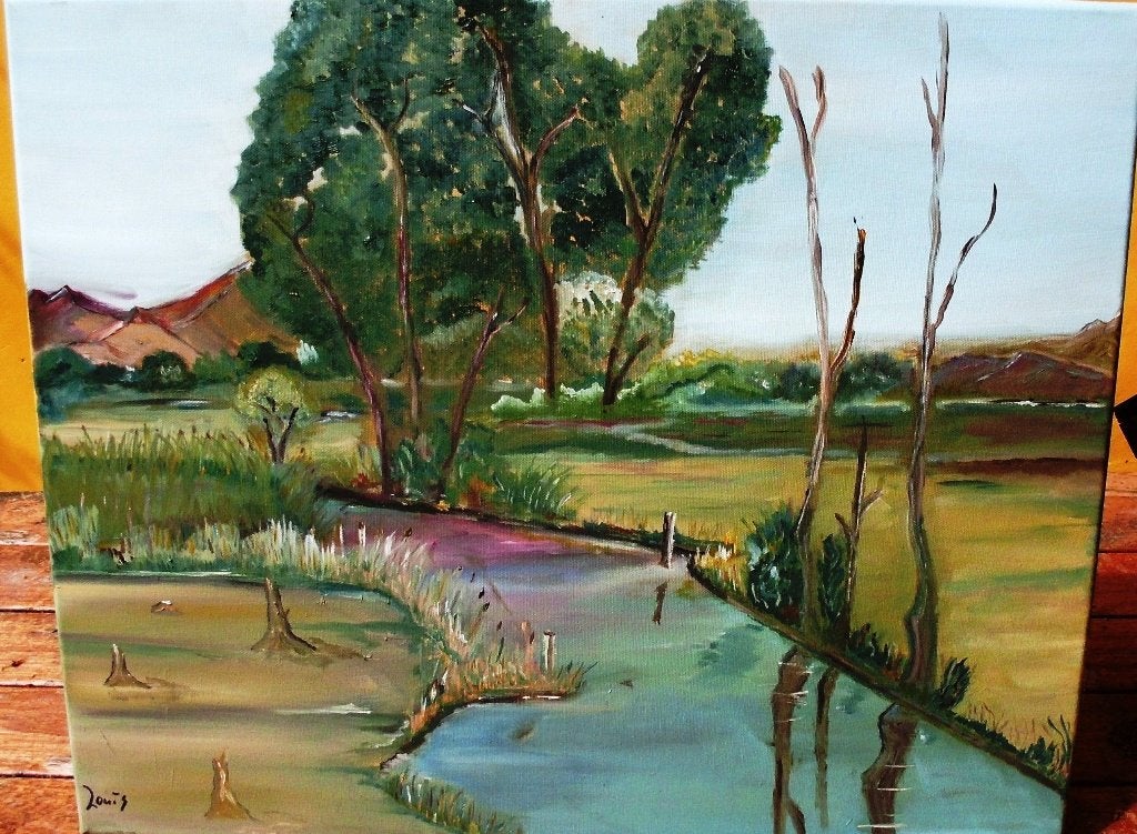 Heuvel landschap met beekje ., Antiek en Kunst, Doek, Ophalen of Verzenden, Landschap, Olieverf