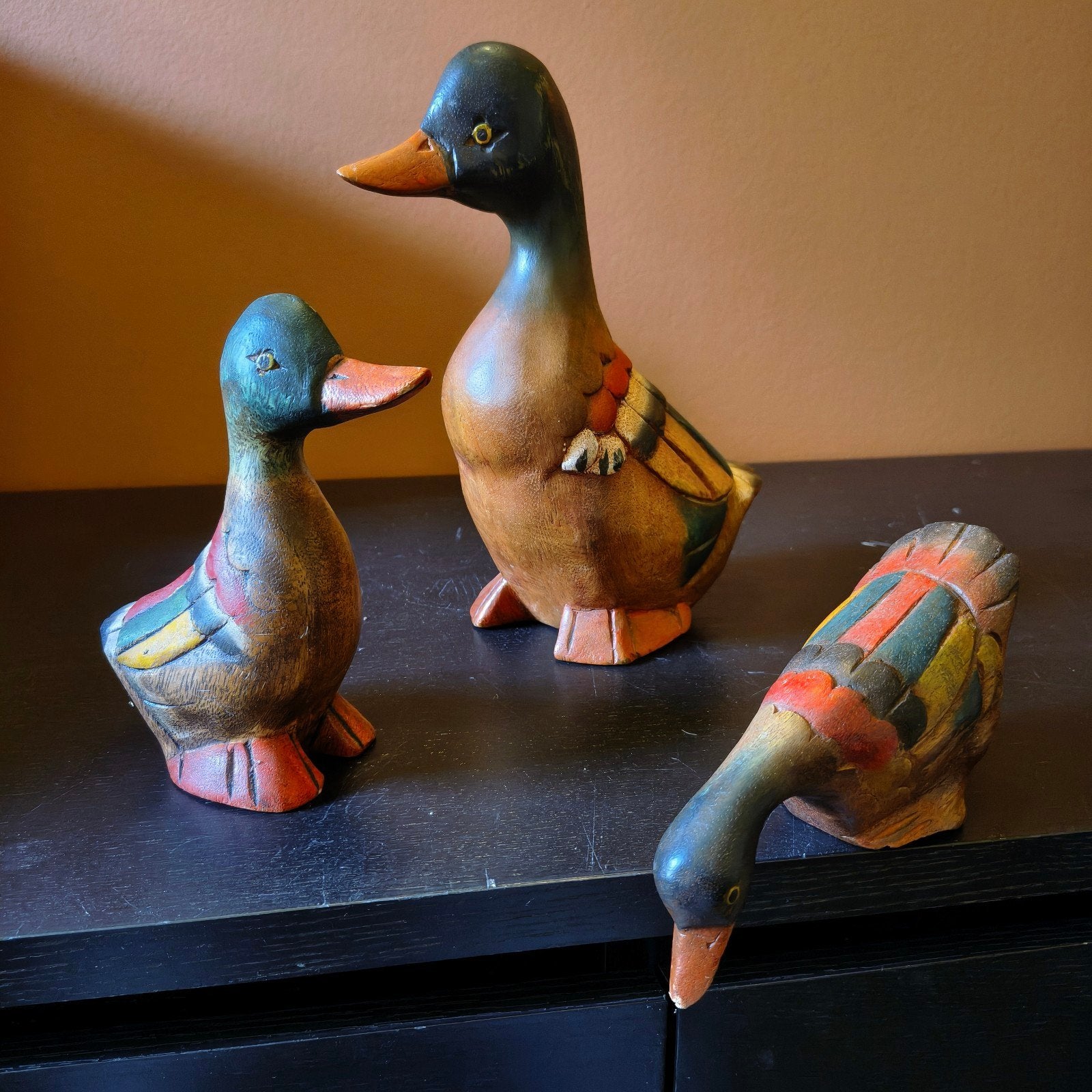 Set van 3 gekleurde houten eenden - decoratie, Antiek en Kunst, Ophalen of Verzenden