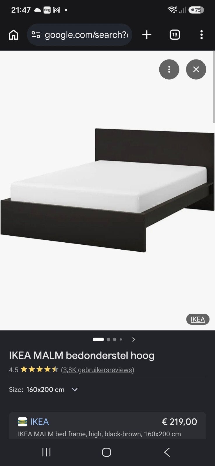 Ikea Malm bed 160x200, Ophalen, Gebruikt, Zwart, Tweepersoons