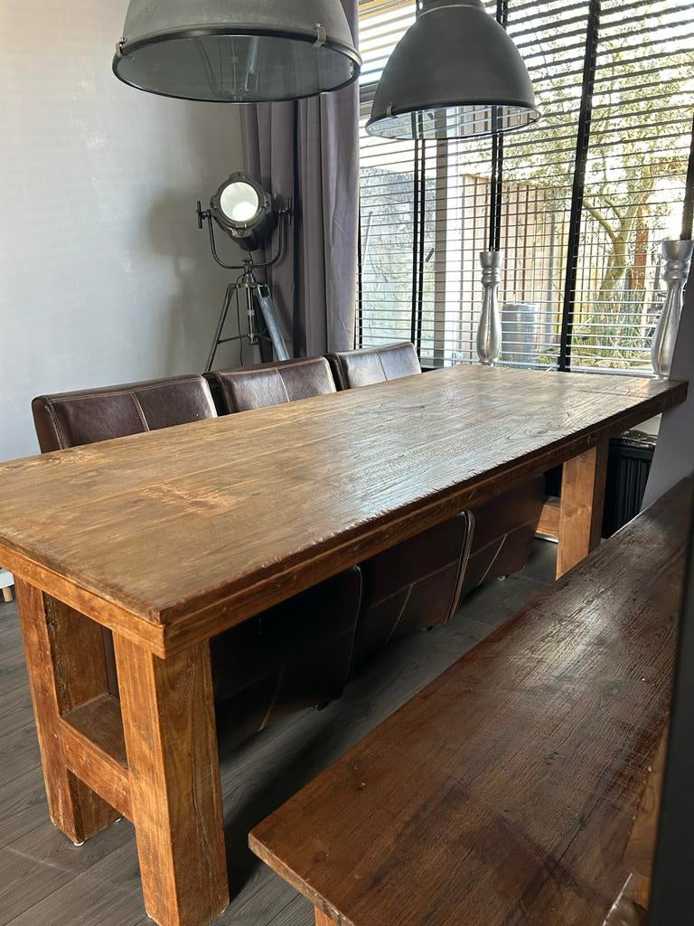 Massief houten eettafel met bank en 3 leren stoelen, Ophalen, Gebruikt, 200 cm of meer, 50 tot 100 cm