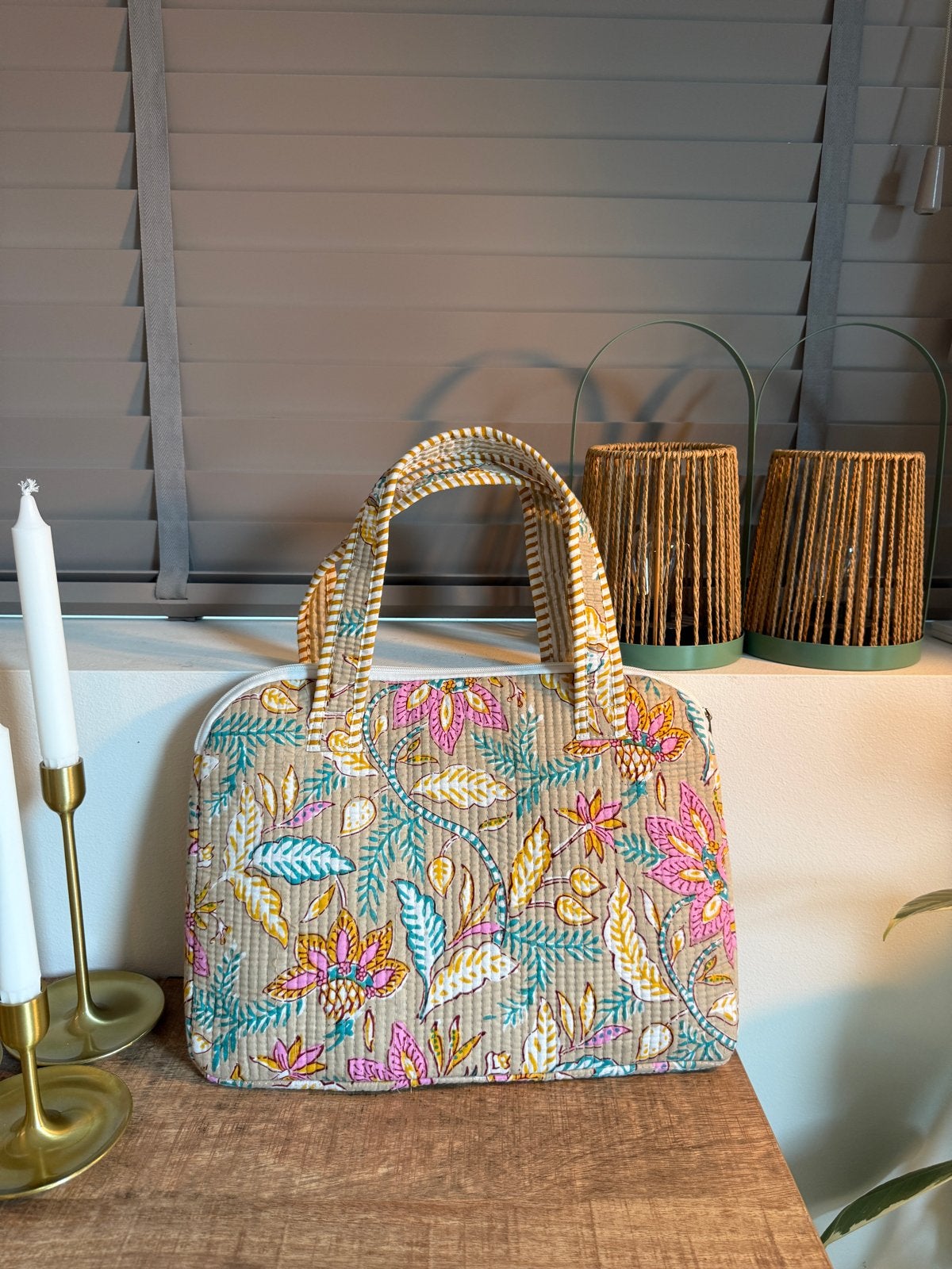 Gevoerde handtas met bloemenprint, Ophalen, Zo goed als nieuw, Beige, Handtas