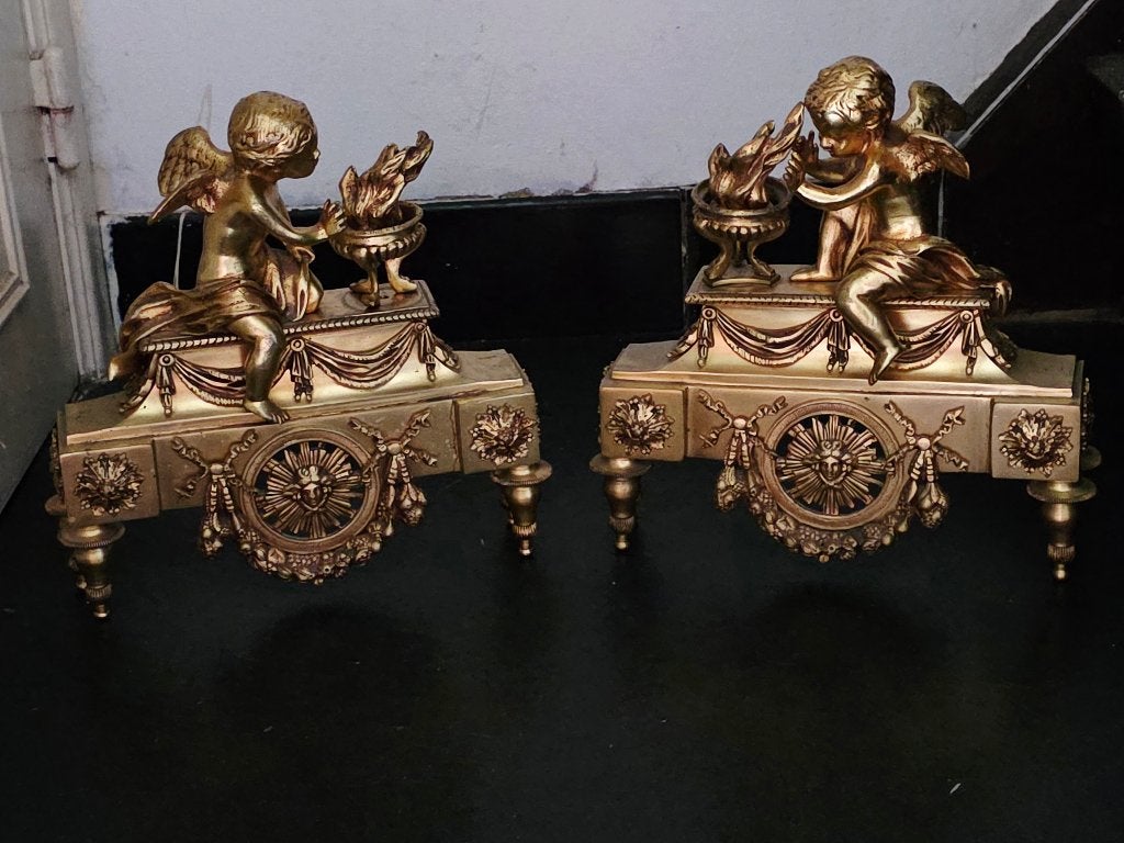 Verguld bronzen vuurbokken ca 1900, Ophalen of Verzenden, Brons