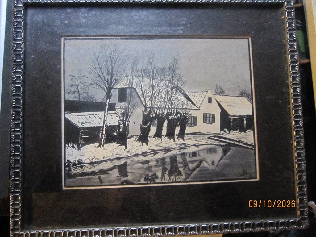 Mooi Winters Taf, Monogram Met Berken langs h water, Ophalen, Expressionistisch, Landschap, Aquarel