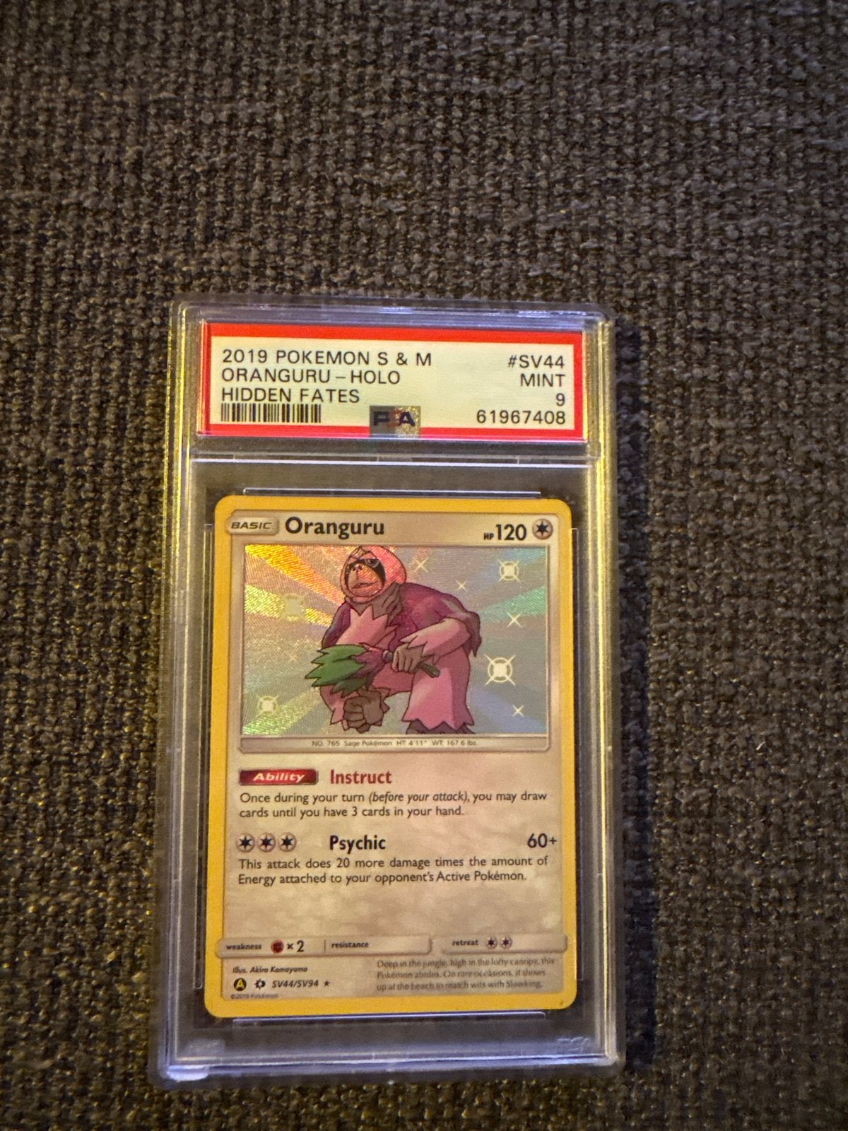 Pokémon Oranguru Holo PSA 9 Mint Hidden Fates SV44, Ophalen of Verzenden, Zo goed als nieuw, Losse kaart, Foil