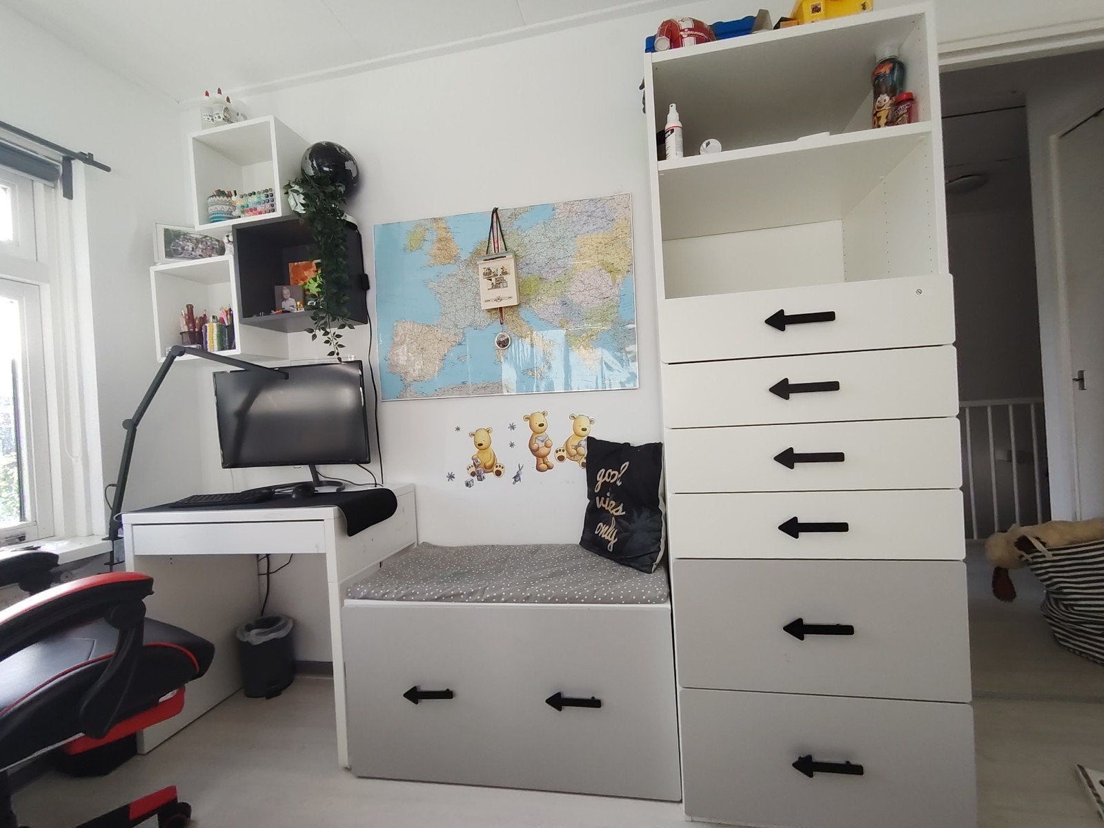Bureau-kast combinatie met opbergruimte - Wit/Grijs, Huis en Inrichting, Ophalen, Met lades, Gebruikt, Spaanplaat of MDF