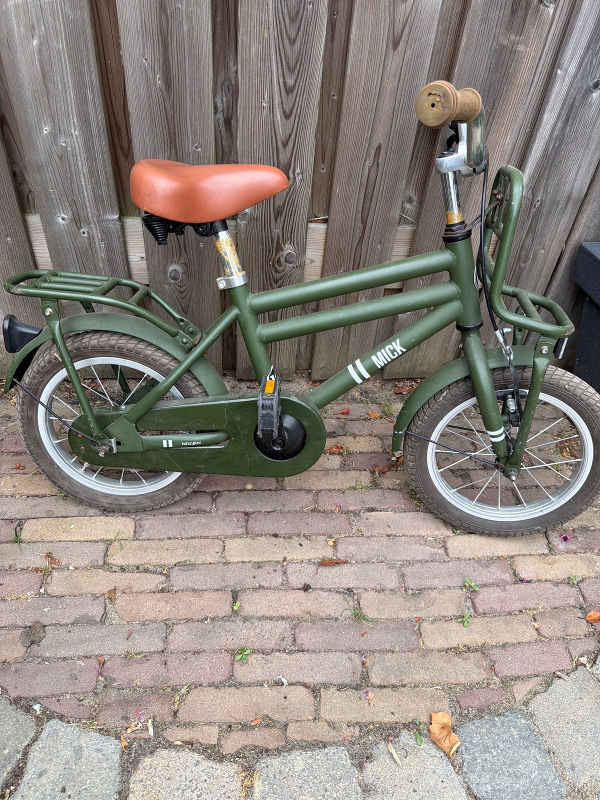Mick kinderfiets, legergroen, 16 inch, Fietsen en Brommers, Ophalen, Gebruikt, Terugtraprem, 16 tot 20 inch