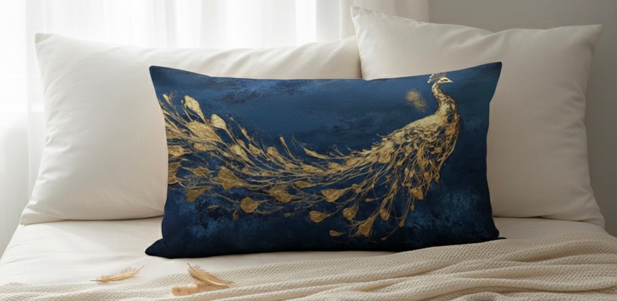 NIEUW !! Superleuk kussenhoesje met gouden pauw. 30x50 cm, Ophalen of Verzenden, Nieuw, Rechthoekig