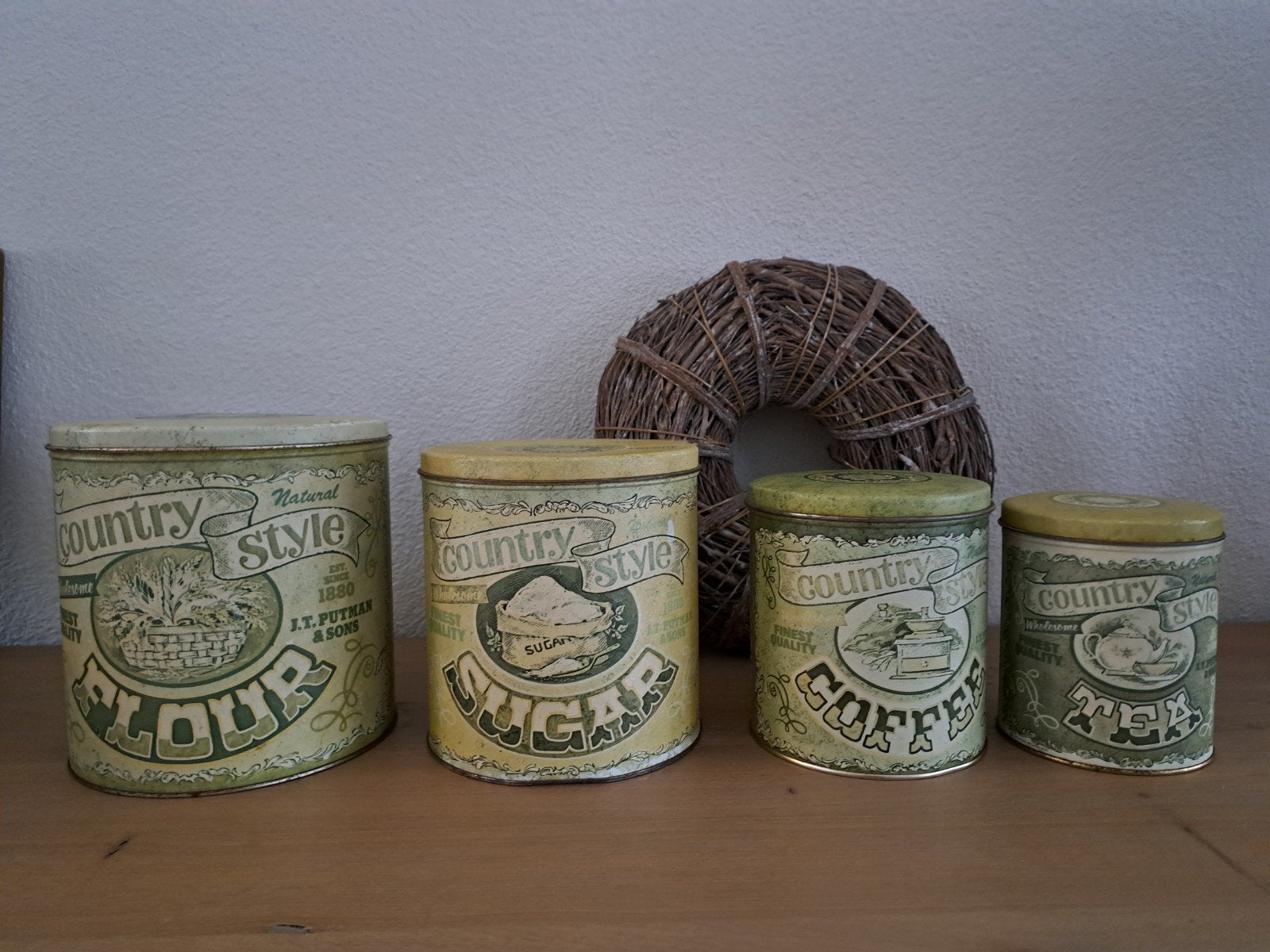 4 Vintage Country Style Blikken koffie thee suiker bloem '70, Ophalen of Verzenden, Gebruikt, Koffie