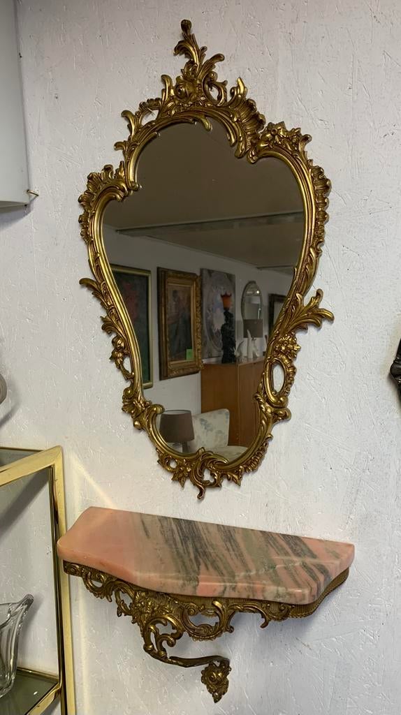 Spiegel Franse barok rococo spiegel met console in verguld, Ophalen of Verzenden, Ovaal, Minder dan 50 cm, Minder dan 100 cm