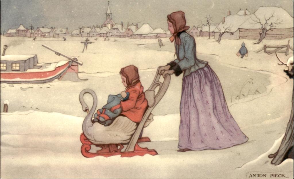 vintage Voor het kind, Anton Pieck, vrouw met duwslee, Verzenden, 1960 tot 1980, Gelopen, Feest(dag)