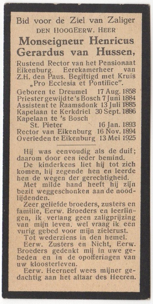 Mgr. Henricus G. van Hussen 1858 Dreumel + 1925 Eindhoven, Ophalen of Verzenden