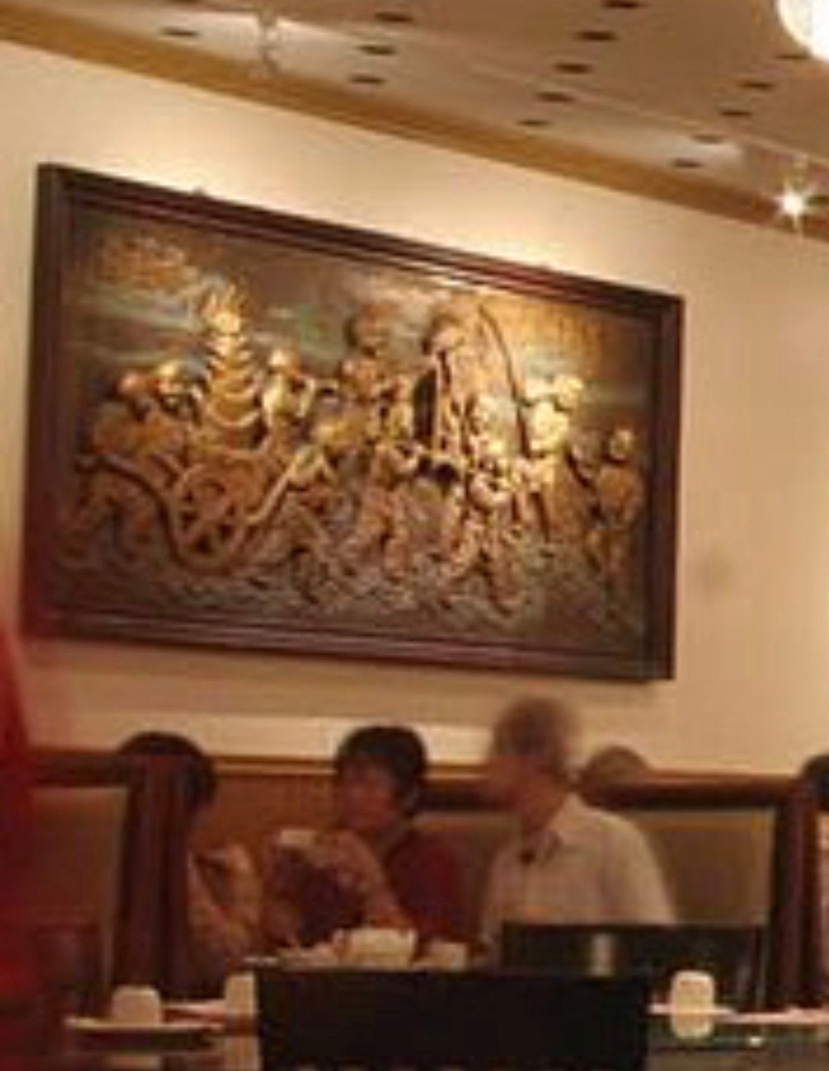 Vintage Chinese wanddecoratie in houten lijst., Ophalen, Gebruikt, Oosters, Bruin