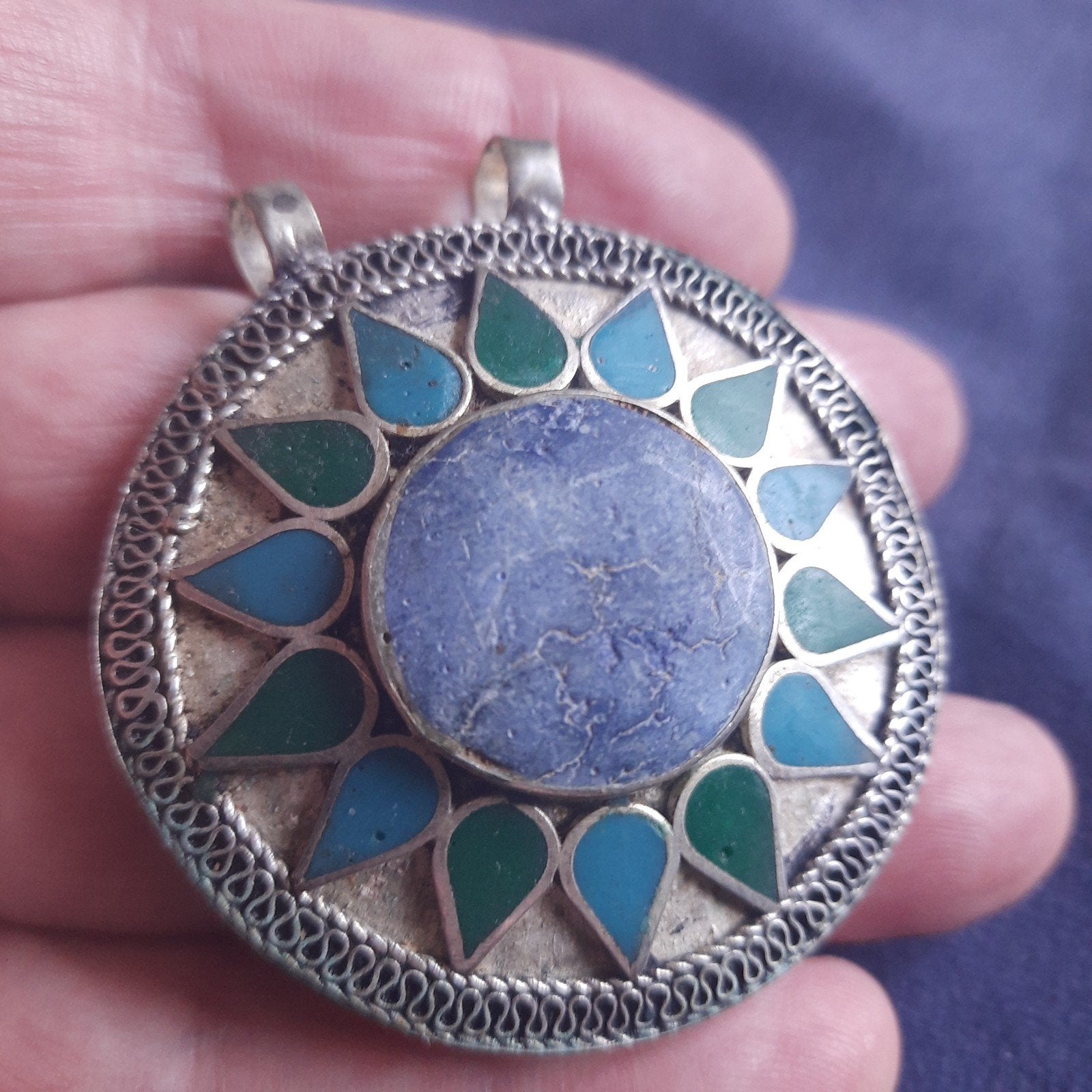 Midden Oosten: Zon Hanger Verzilverd met Lapis Lazuli, Verzenden, Nieuw, Blauw, Zilver