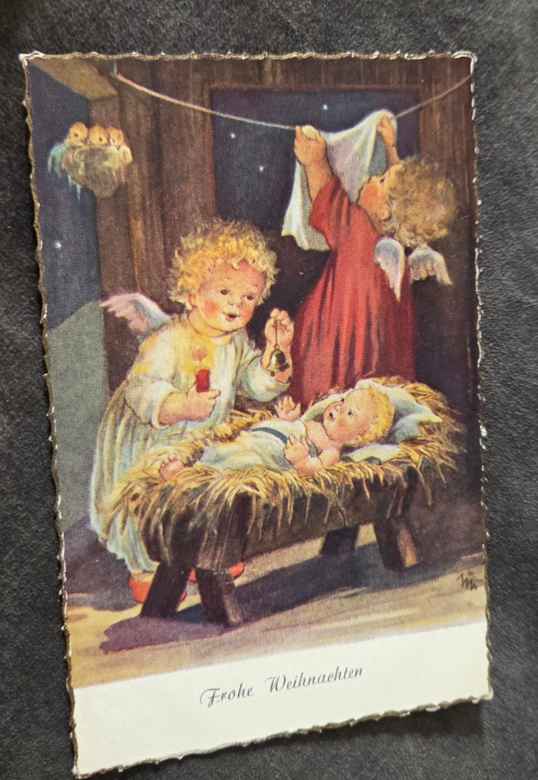 Vintage Kerstkaart met Engelen en Kerststal - 1959, Verzenden, 1940 tot 1960, Gelopen, Feest(dag)