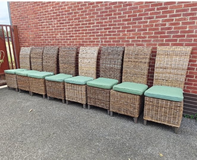 8 Landelijke, stevige, rieten stoelen met hoge leuning, Ophalen, Gebruikt, Bruin, Hout