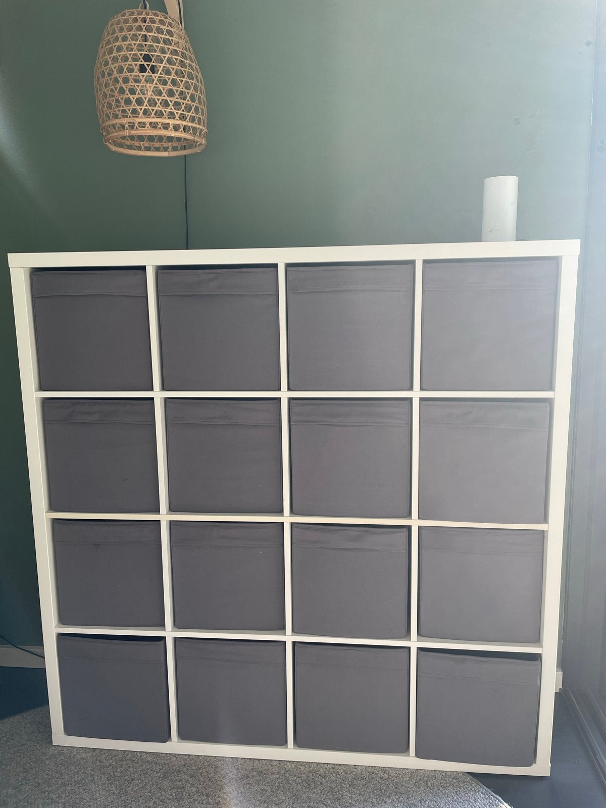 IKEA Kallax kast met 16 vakken en opbergboxen, Ophalen, Met plank(en), Gebruikt, 100 tot 150 cm