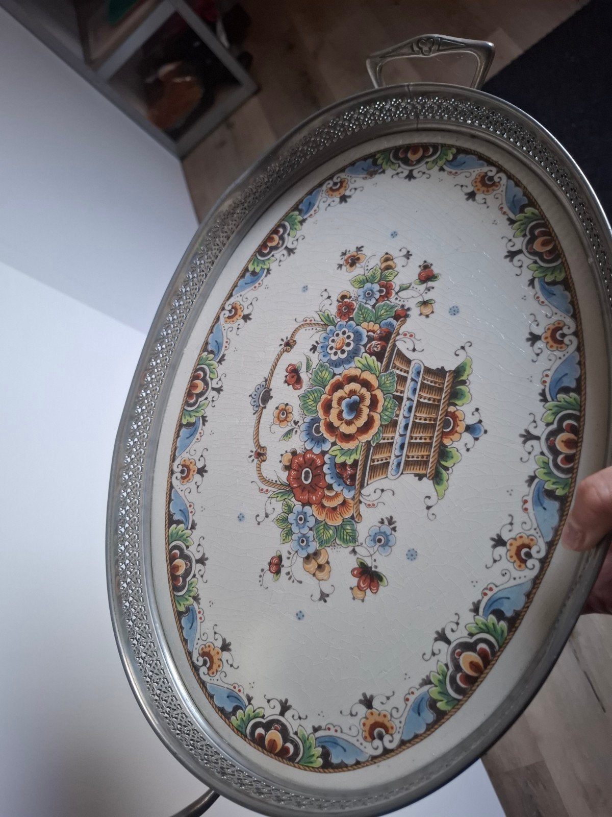 Vintage Delfts Handwerk dienblad met zilveren rand en b, Ophalen
