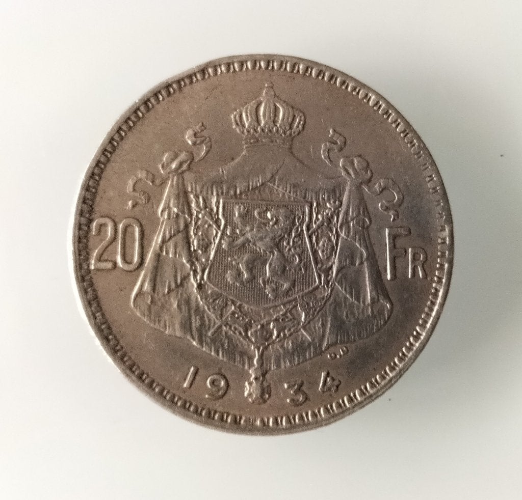 20 Francs Koning Albert I 1934 België  , Ophalen of Verzenden, Overig, Zilver