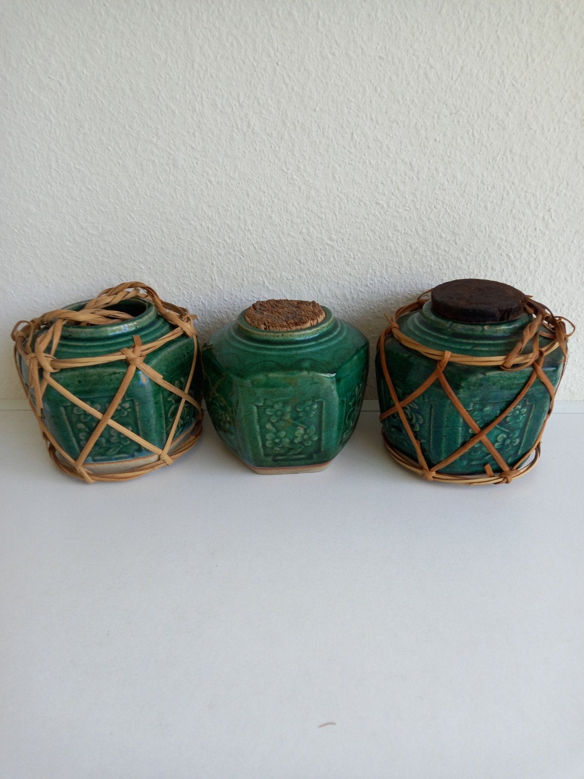 3 groene Chineze gemberpotten, Tuin en Terras, Bloempotten, Kunststof, Rond, Ophalen of Verzenden, Minder dan 40 cm