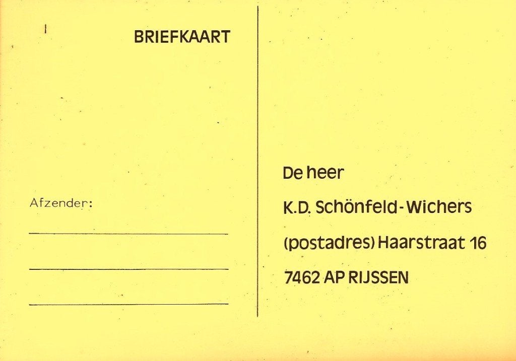 Briefkaart - Gericht aan Belcampo / Schónfeld - Wichers, Ophalen of Verzenden