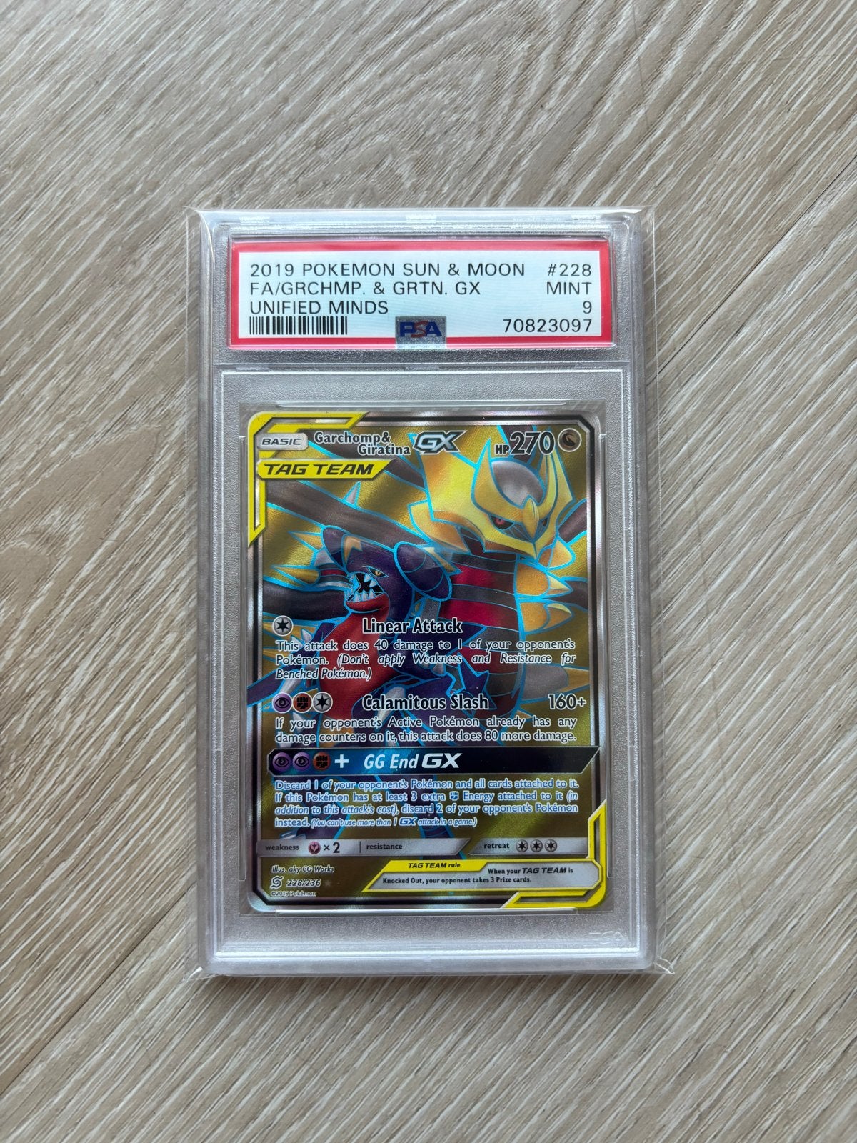 Garchomp & Giratina GX PSA 9 MINT Pokémon Kaart, Ophalen of Verzenden, Zo goed als nieuw, Losse kaart