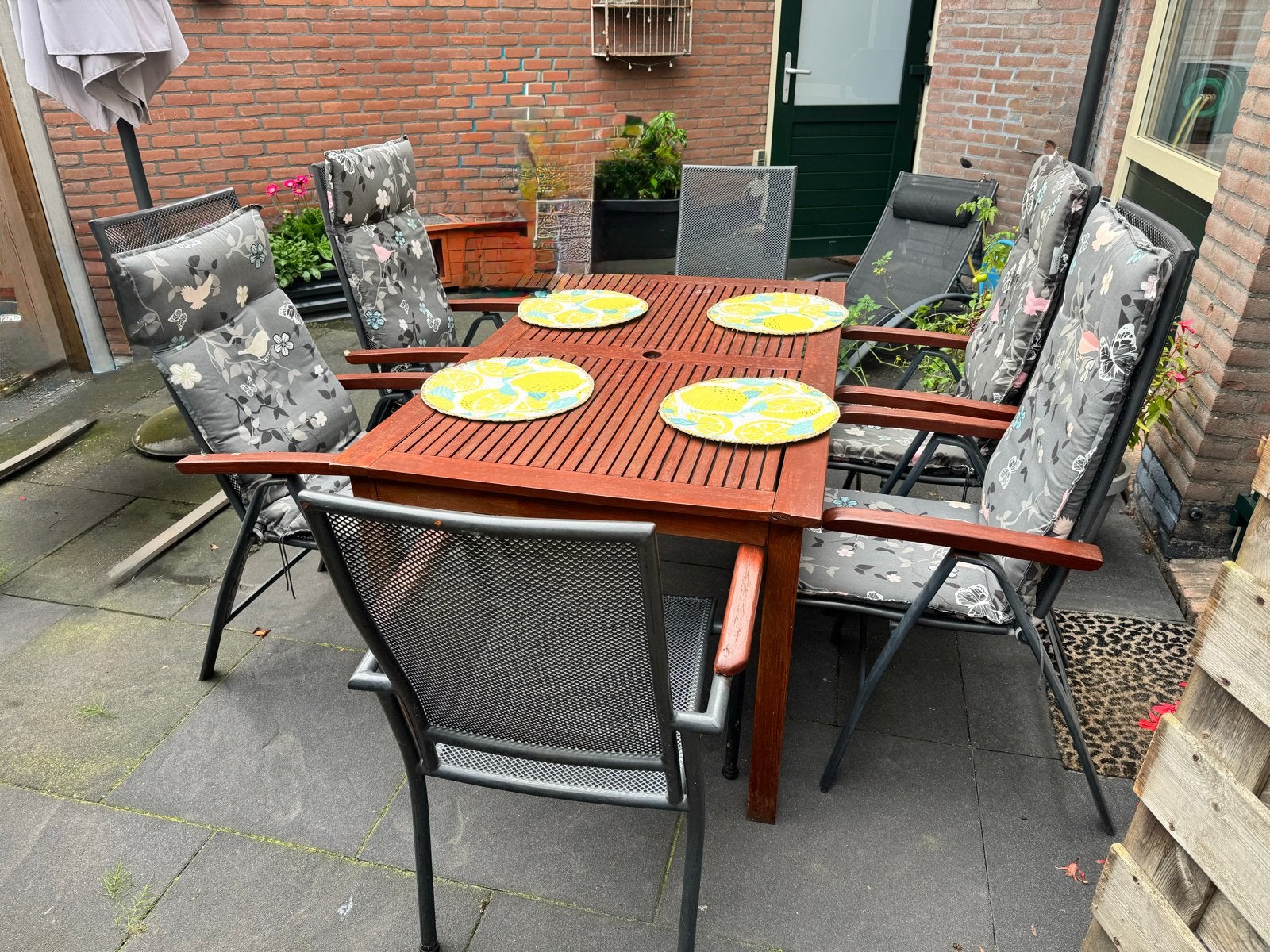 Tuinset met houten tafel en 6  stoelen, Tuin en Terras, Ophalen, Gebruikt, Eettafel, 6 zitplaatsen