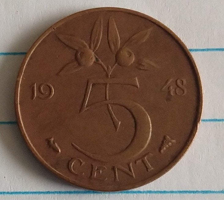 Nederland munt 1948, 5 cent, volgnr 4.1, Ophalen of Verzenden, Koningin Wilhelmina, Losse munt