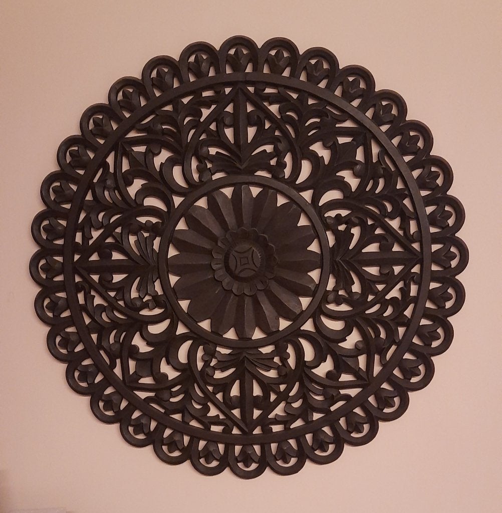 Houten Mandala Snijwerk / Kunst, Antiek en Kunst, Overige onderwerpen, Houtsnijwerk, Geglazuurd, Hout