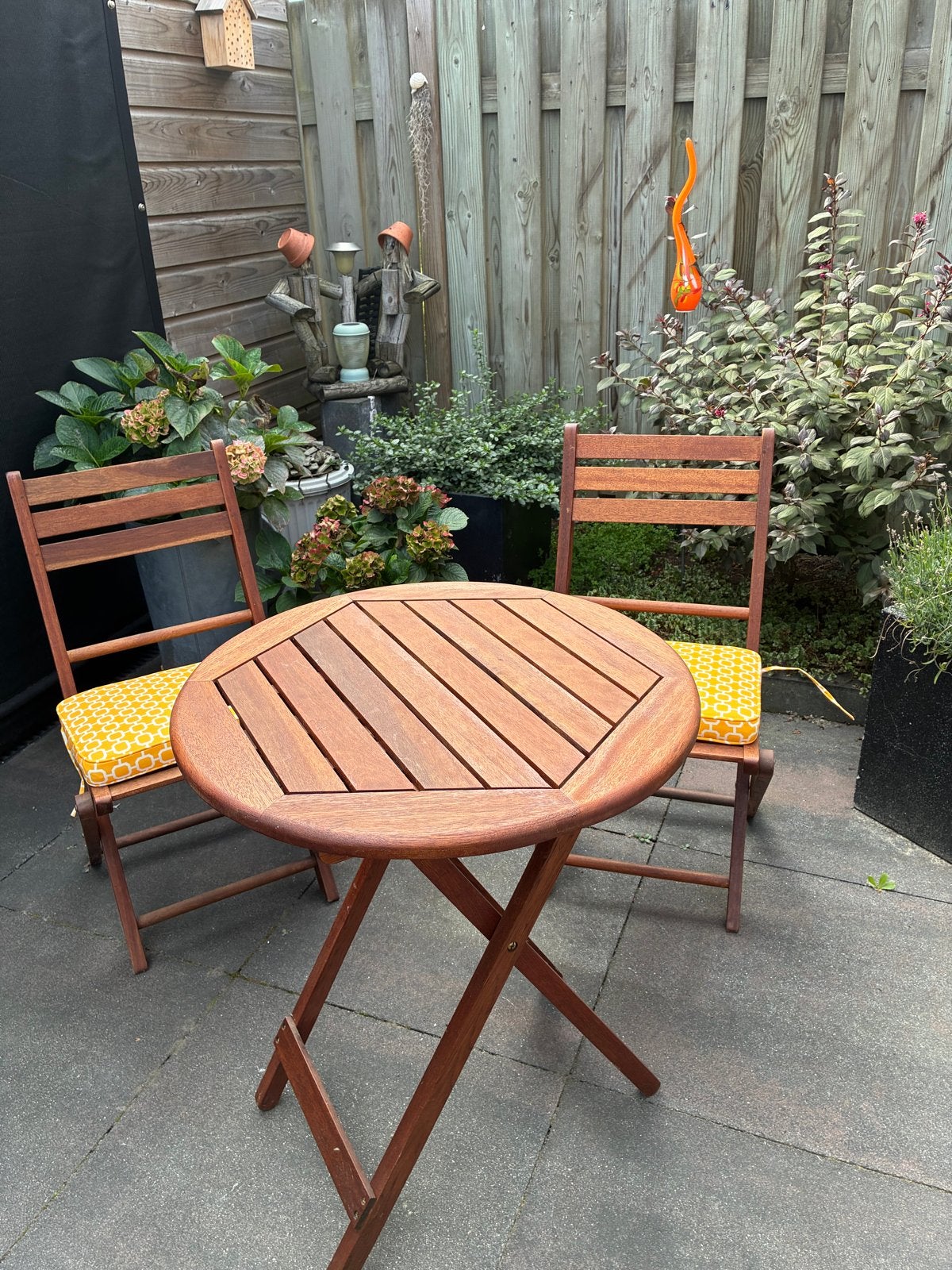 Teakhouten inklapbare bistro set met zitkussens, Ophalen, Zo goed als nieuw, Rond, Teakhout
