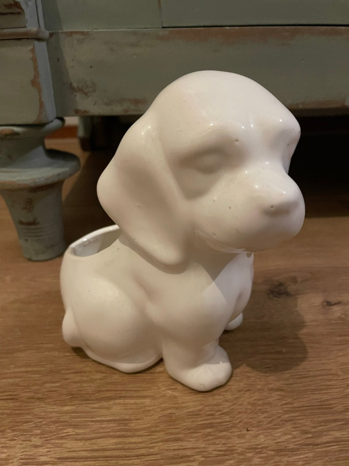 Vintage retro bloempot hond wit keramiek pup, Ophalen of Verzenden