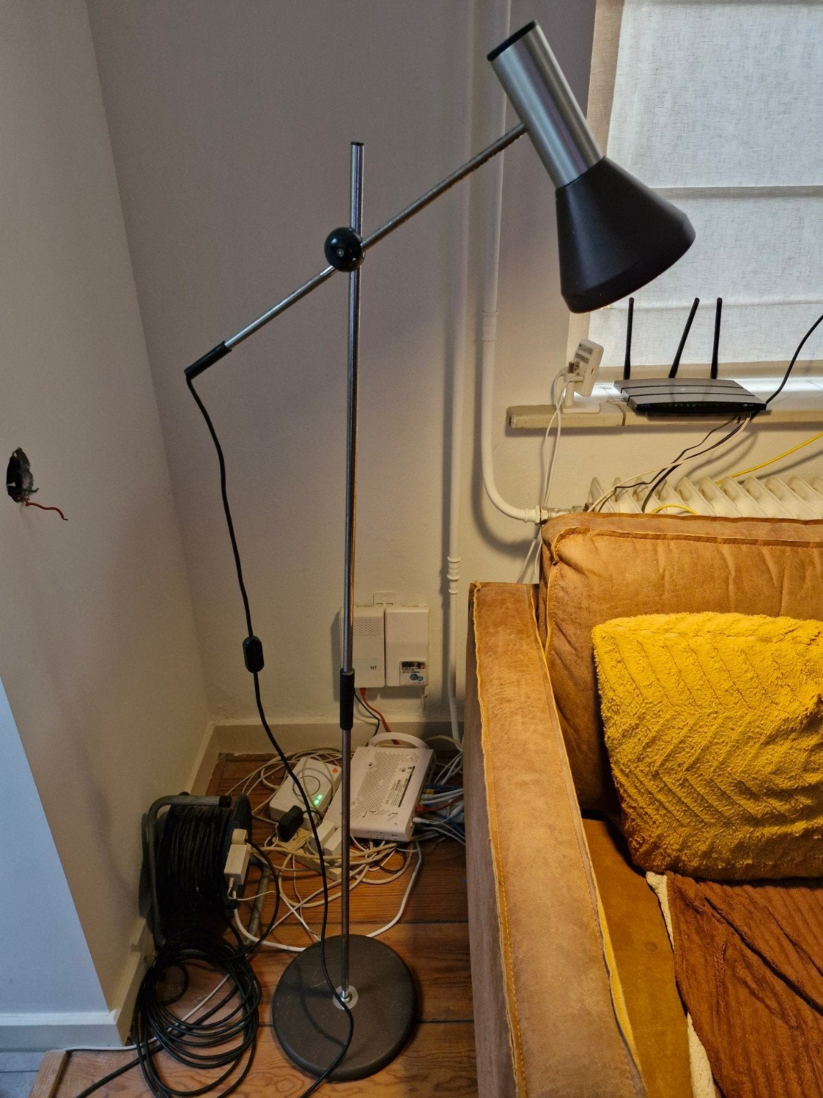Vintage design hengellamp / vloerlamp – Donkerbruin & Chroom, Ophalen, Gebruikt, Metaal, 150 tot 200 cm