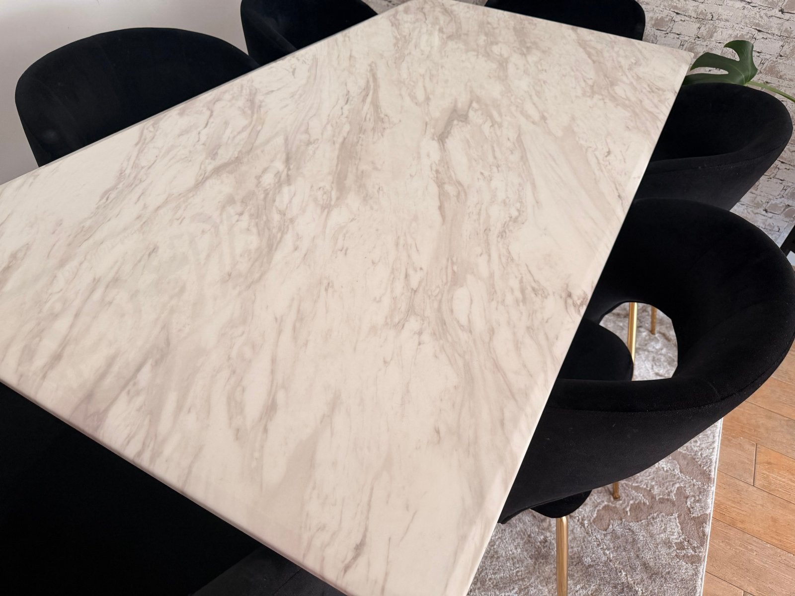 Elegante eettafel met 6 zwarte fluwelen stoelen, Ophalen, Gebruikt, Zwart, Stof