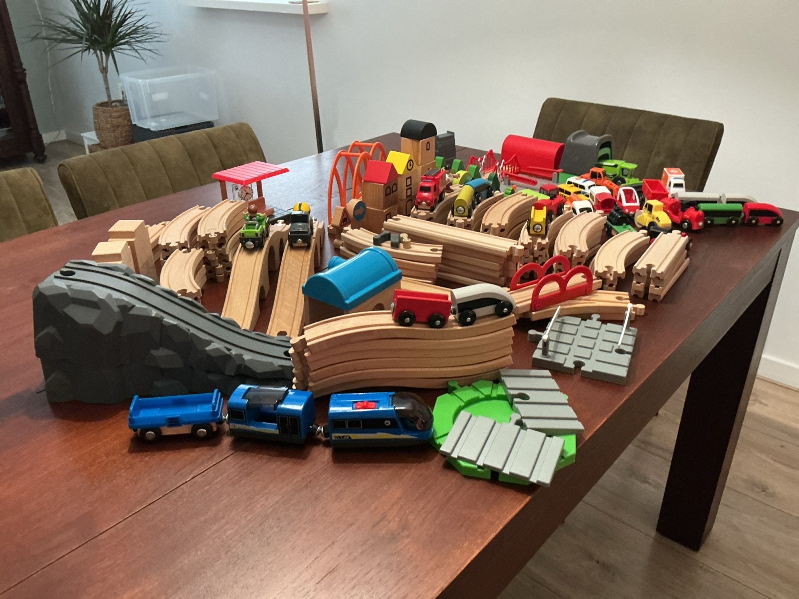 Grote Houten Treinbaan Set met Treinen en Accessoires, Ophalen, Gebruikt