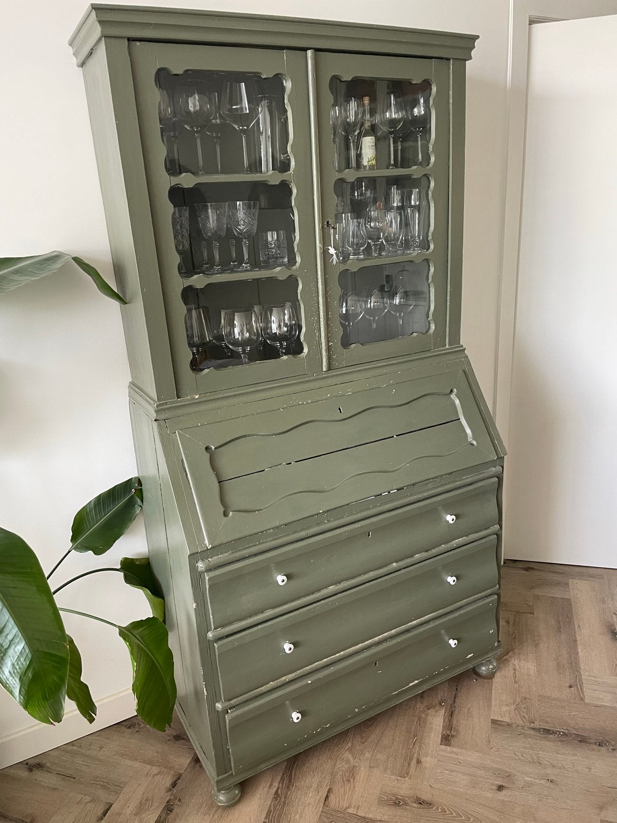 Vintage secretaire met vitrinekast - Olijfgroen, Ophalen