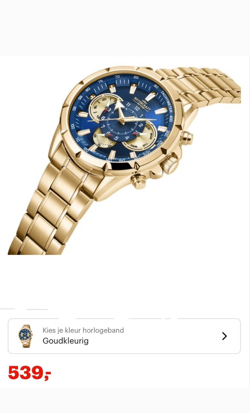 Rotorcraft Horloge Goudkleurig met Blauwe Wijzerplaat, Overige merken, Polshorloge, Nieuw, Ophalen of Verzenden