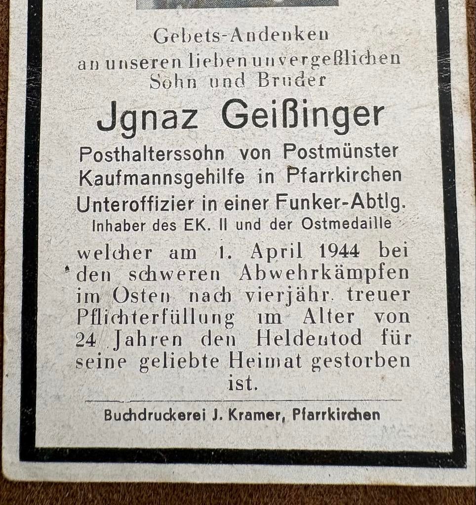 Gebeds-Andenken Ignaz Geißinger - Duitse soldaat WOII, Verzamelen, Militaria | Algemeen, Ophalen of Verzenden, Landmacht, Duitsland