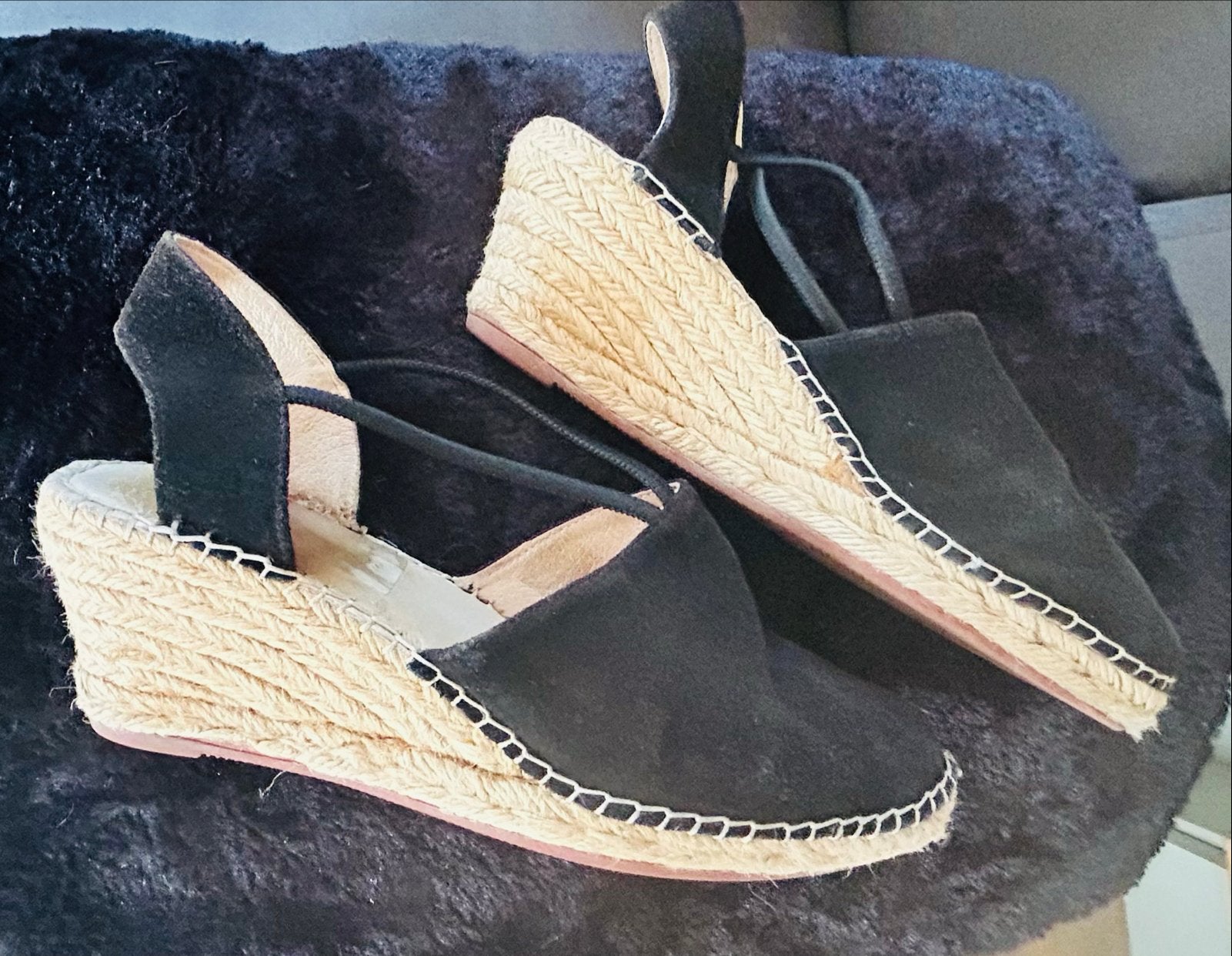 Zwarte Manfield espadrilles met sleehak, maat 38, Zwart, Ophalen of Verzenden, Zo goed als nieuw, Espadrilles of Moccasins