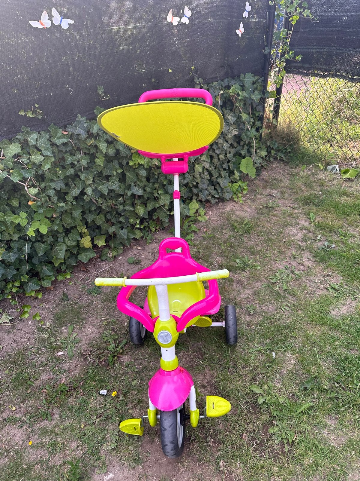 Foto 4 van Smart Trike driewieler roze/geel met duwstang en zonnescherm