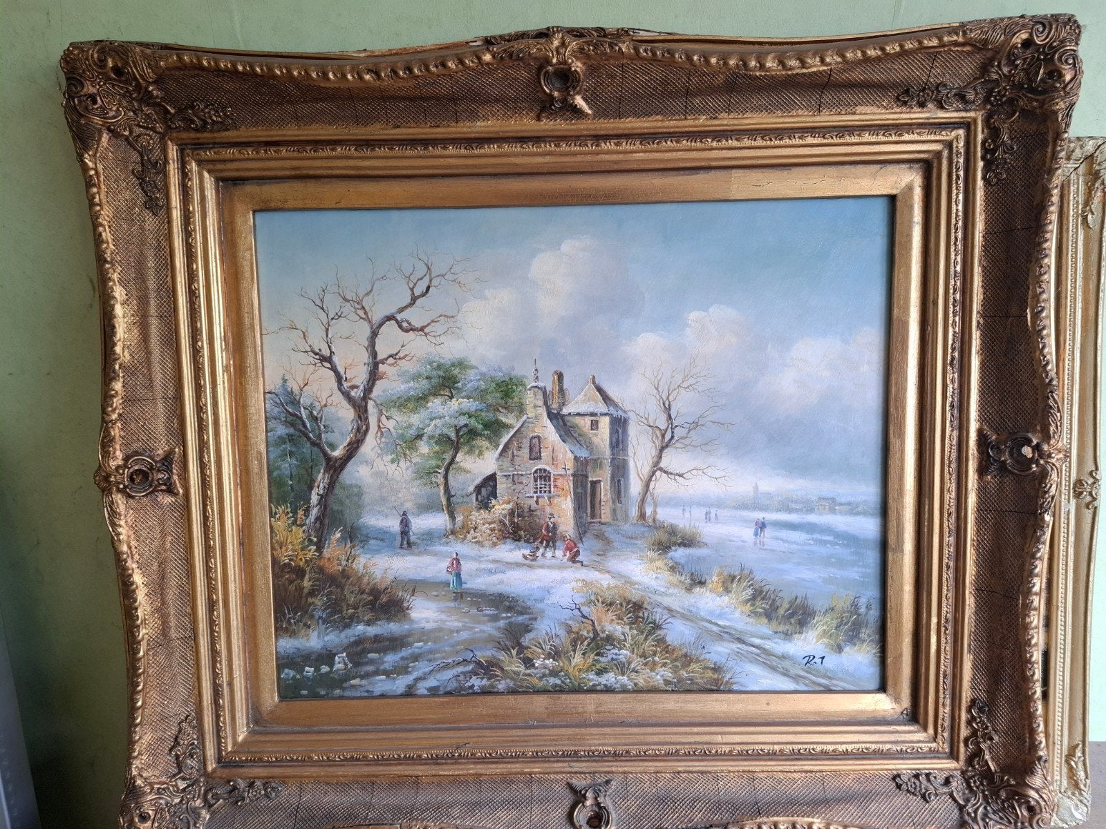 Schilderij Winterlandschap met figuren en huis, Ophalen